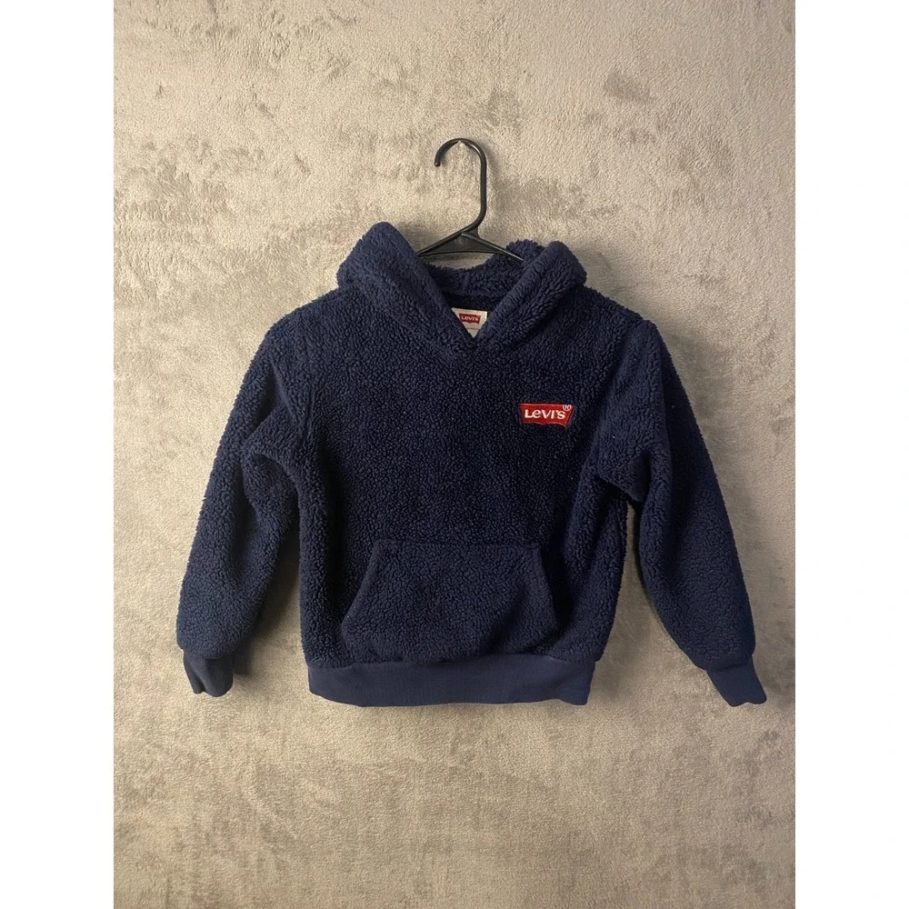 Levi's Sherpa Hoodie Youth S Navy Blue Pullover Fleece Red Logo Cozy Sweatshirt
